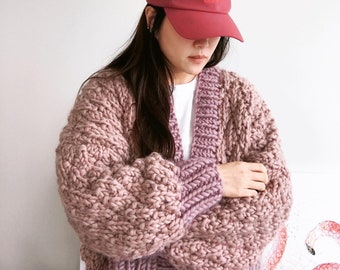 Handknit Mauve And Dusty Pink Chunky Pure Wool Cardigan / Ready to Ship