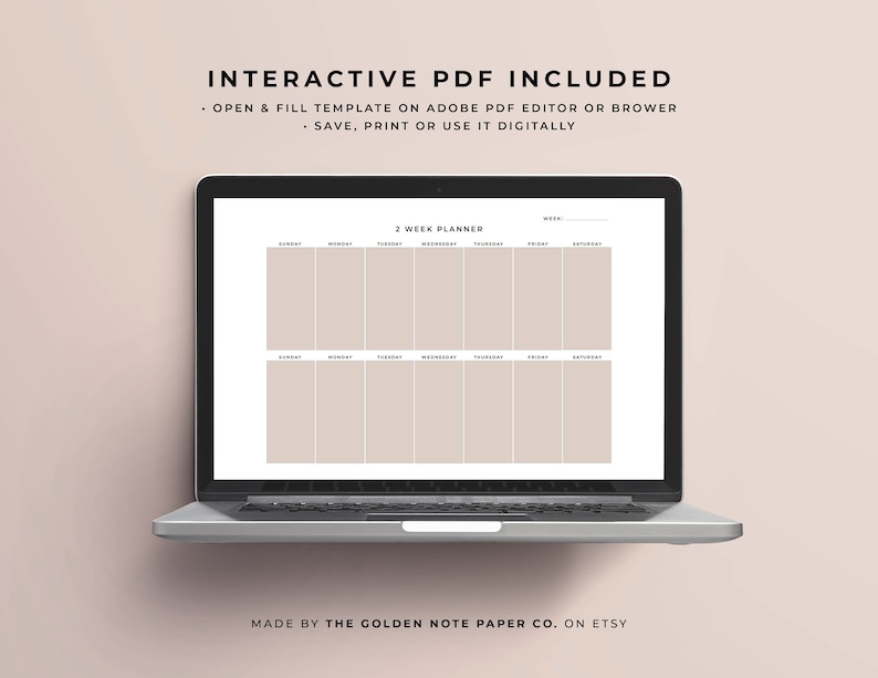 Pu&ograve; includere: Un computer portatile che mostra un modello di pianificatore di due settimane. Il pianificatore &egrave; diviso in giorni della settimana, con spazio per appunti e appuntamenti. Il testo "2 Week Planner" &egrave; in cima al modello.
