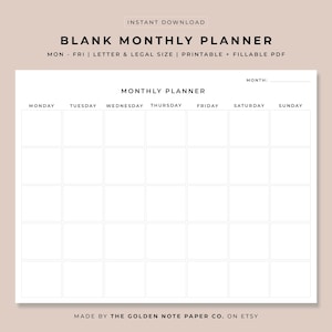 Planificador mensual minimalista en blanco, Calendario de programación horizontal imprimible, Organizador mensual, Planificador de oficina, Planificador de escritorio, Carta, Legal