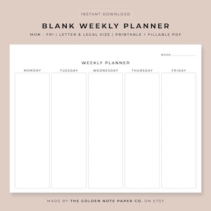 Blank Minimalistic Weekly Planner, Printable Landscape Schedule Calendar, Weekly Organizer, Office Planner, Desk Planner, Letter, Legal, A4