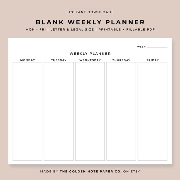 Blank Minimalistic Weekly Planner, Printable Landscape Schedule Calendar, Weekly Organizer, Office Planner, Desk Planner, Letter, Legal, A4