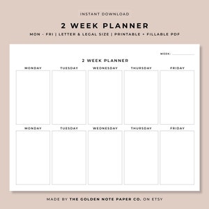 Planificador de 2 semanas minimalista en blanco, calendario de horario de paisaje imprimible, organizador semanal, planificador de oficina, planificador de escritorio, carta, legal, A4