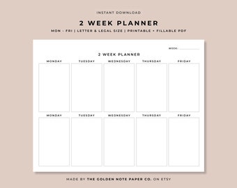 Blank Minimalistic 2 Week Planner, Printable Landscape Schedule Calendar, Weekly Organizer, Office Planner, Desk Planner, Letter, Legal, A4