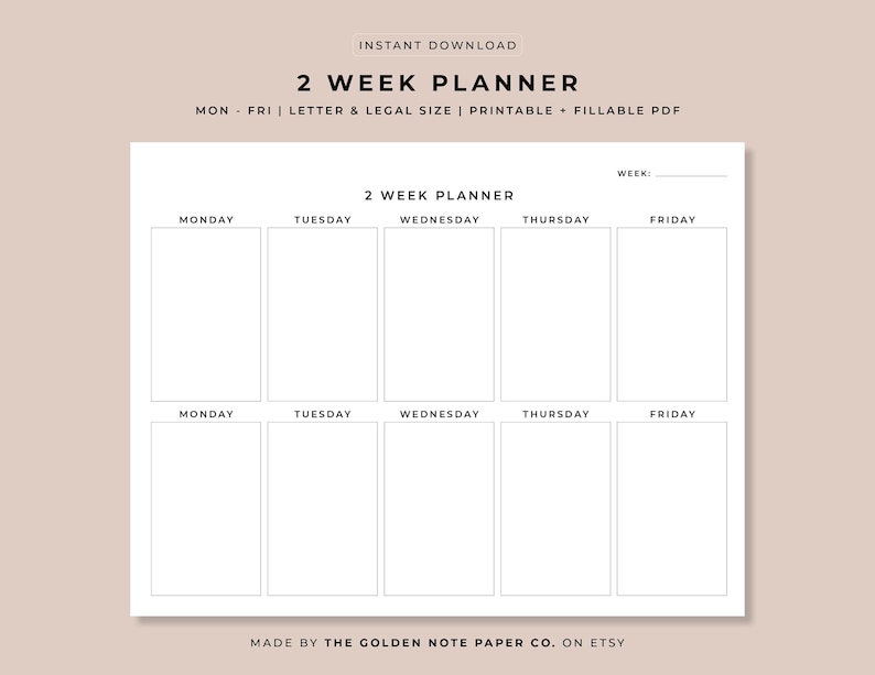 Blank Minimalistic 2 Week Planner, Printable Landscape Schedule ...