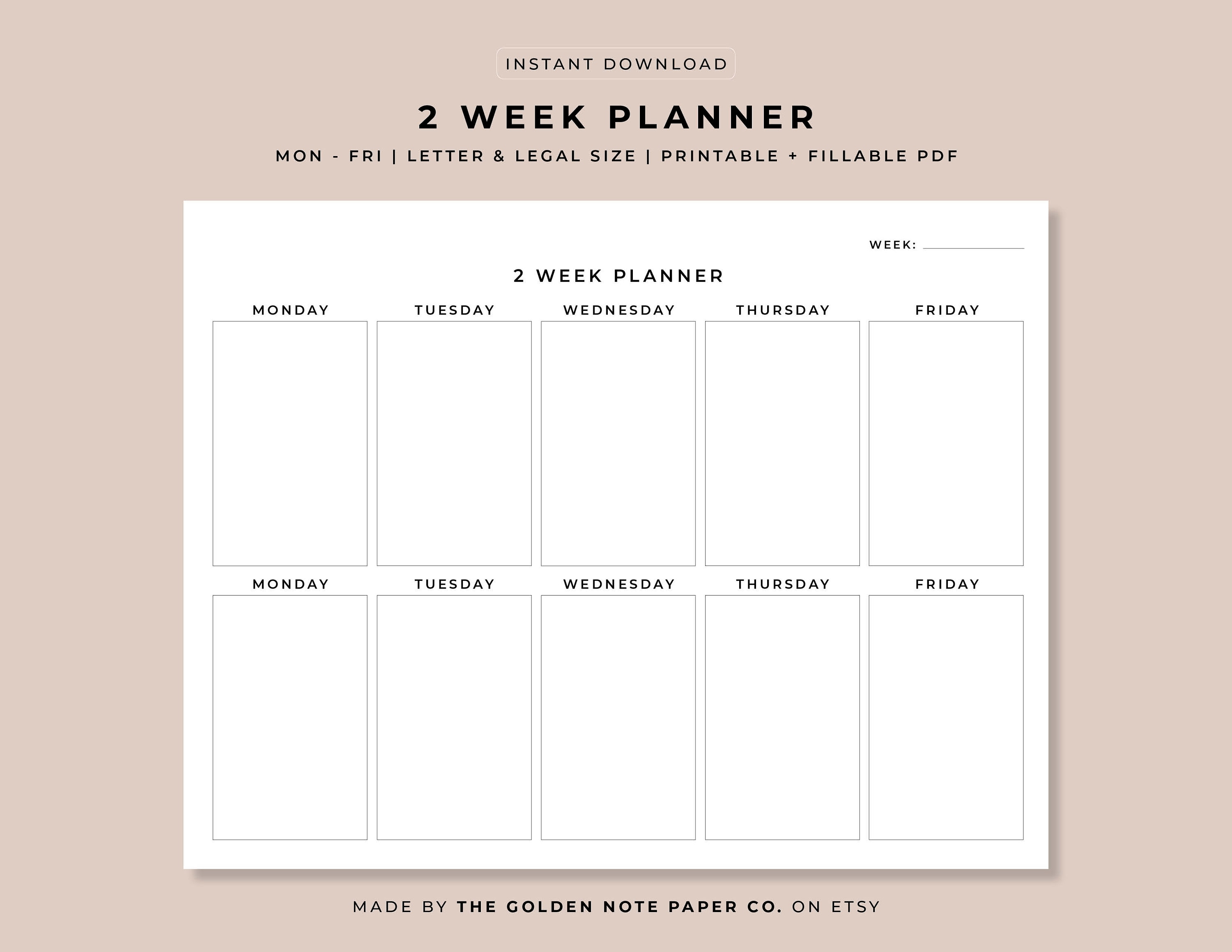Blank Minimalistic 2 Week Planner, Printable Landscape Schedule Blank Minimalistic 2 Week Planner, Printable Landscape Schedule