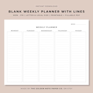 Blank Minimalistic Weekly with Lines Planner, Printable Landscape Schedule Calendar, Weekly Organizer, Office Planner, Desk, Letter, Legal
