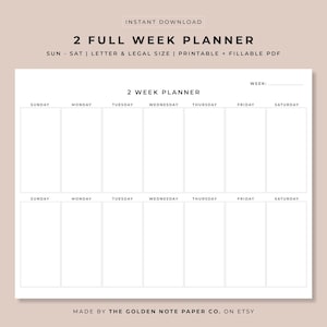 Blank Minimalistic 2 Full Week Planner, Printable Landscape Schedule Calendar, Weekly Organizer, Office Planner, Desk Planner, Sun to Sat