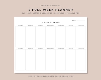 Blank Minimalistic 2 Full Week Planner, Printable Landscape Schedule Calendar, Weekly Organizer, Office Planner, Desk Planner, Sun to Sat