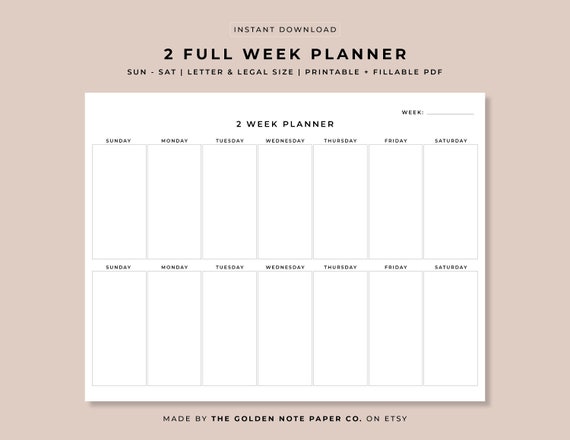 Blank Minimalistic 2 Full Week Planner, Printable Landscape Schedule Calendar, Weekly Organizer, Office Planner, Desk Planner, Sun to Sat