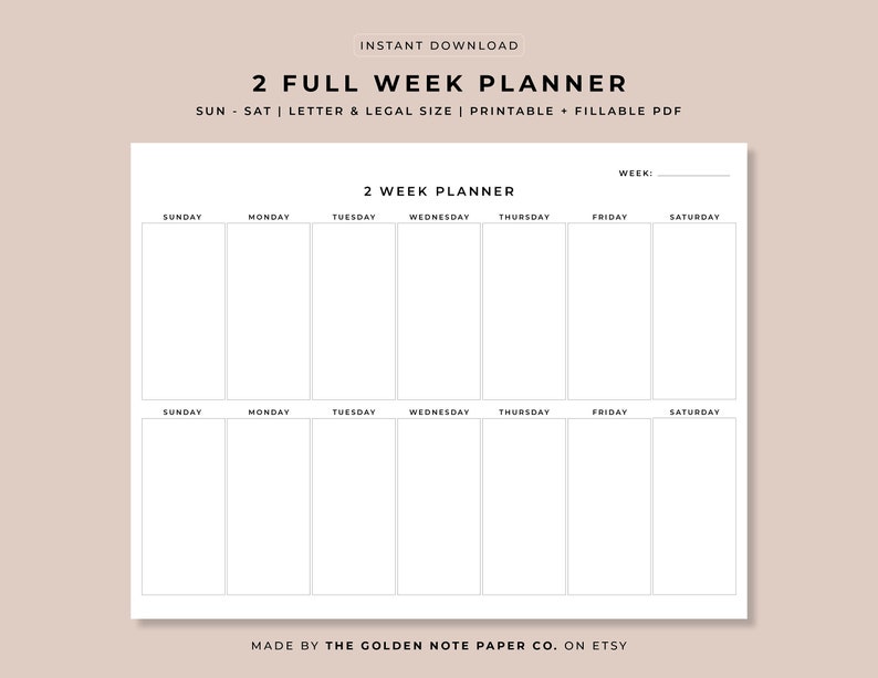Pu&ograve; includere: Un planner stampabile di due settimane con un design semplice in bianco e nero. Il planner &egrave; diviso in sette colonne per ogni giorno della settimana, con spazio per scrivere in ogni colonna. Il planner &egrave; etichettato "2 Week Planner" e "Week:" nella parte superiore.