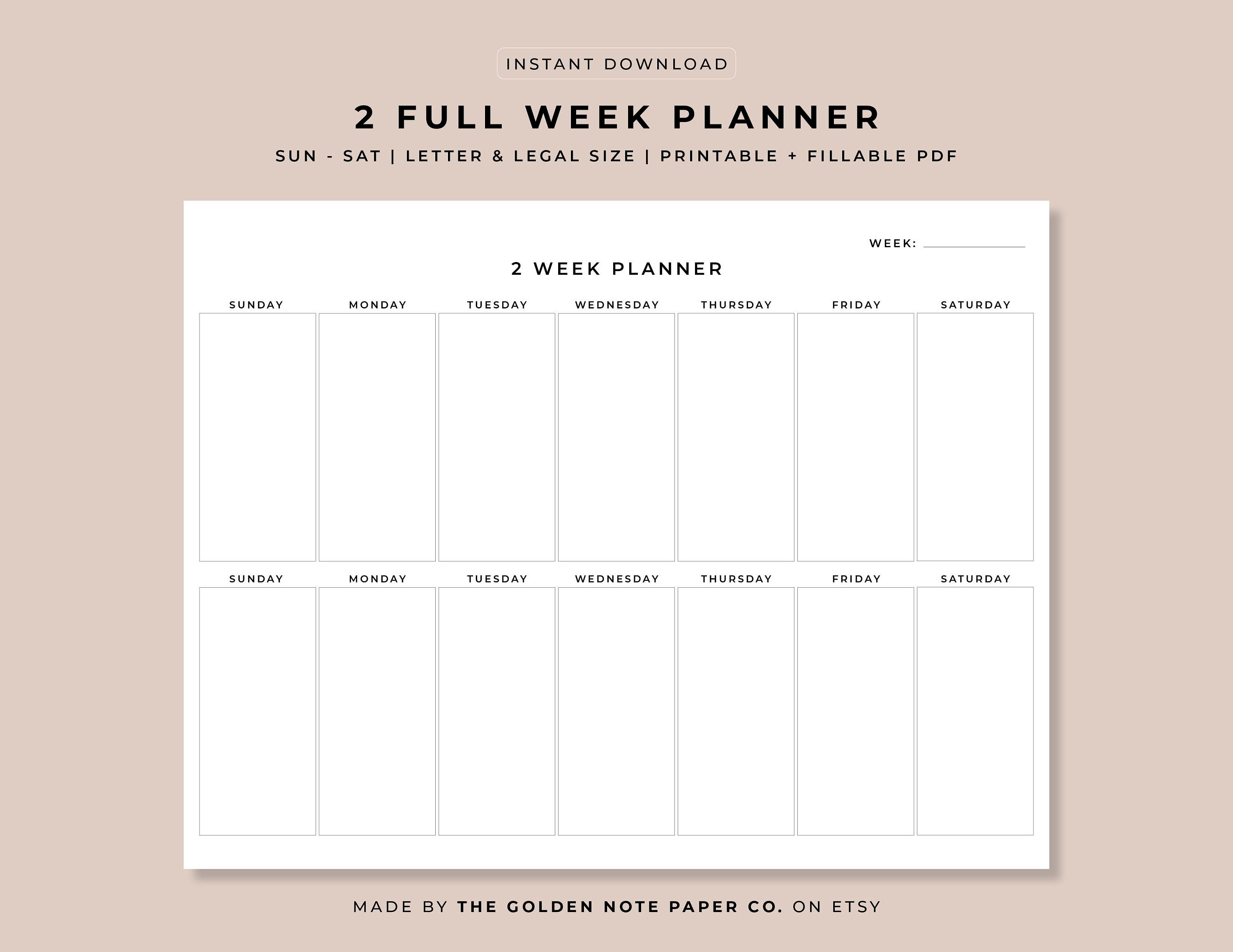 Blank Minimalistic 2 Full Week Planner, Printable Landscape Schedule ...