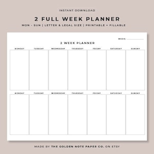 Pianificatore minimalista vuoto per 2 settimane intere, calendario di pianificazione orizzontale stampabile, organizzatore settimanale, pianificatore di ufficio, pianificatore di scrivania, dal lunedì alla domenica