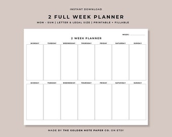 Blank Minimalistic 2 Full Week Planner, Printable Landscape Schedule Calendar, Weekly Organizer, Office Planner, Desk Planner, Mon to Sun