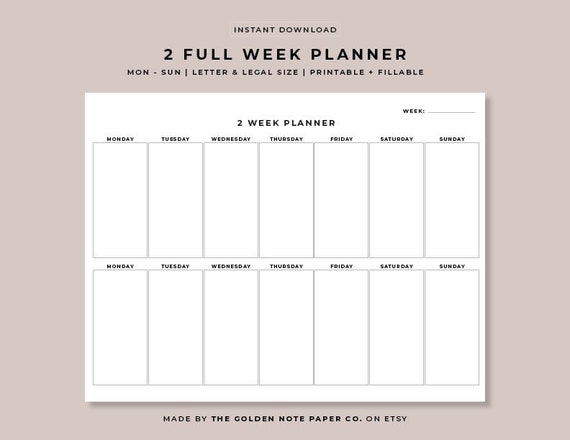 Blank Minimalistic 2 Full Week Planner, Printable Landscape Schedule Calendar, Weekly Organizer, Office Planner, Desk Planner, Mon to Sun