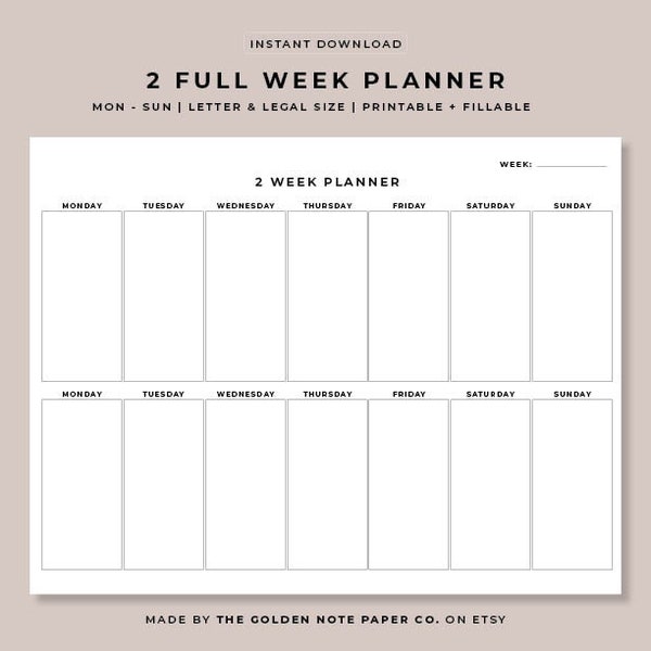 Blank Minimalistic 2 Full Week Planner, Printable Landscape Schedule Calendar, Weekly Organizer, Office Planner, Desk Planner, Mon to Sun