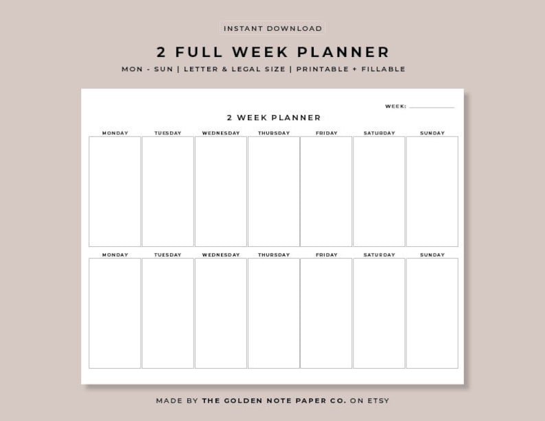May include: Printable two-week planner with a simple black and white design. The planner includes spaces for each day of the week, Monday through Sunday, and a space to write the week number. The planner is labelled "2 Week Planner" and "Made by The Golden Note Paper Co. on Etsy".
