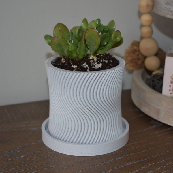 Sleek Modern Pot with Drainage and Saucer | Marble PLA, 3d printed Succulent and Cacti Planter.