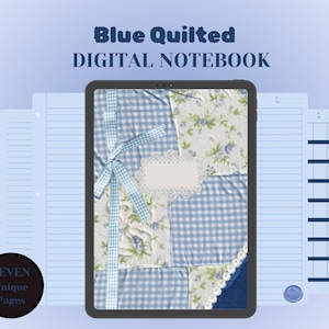 May include: Blue quilted digital notebook with seven unique pages. The cover features a patchwork design with blue and white gingham, floral, and lace accents.