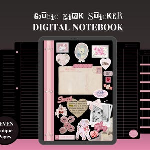 May include: A digital notebook with seven unique pages featuring a gothic pink sticker theme. The notebook includes a variety of stickers, including a swan, a heart, a girl with a flower crown, and a lamb. The text "Gothic Pink Sticker Digital Notebook" is at the top of the notebook.