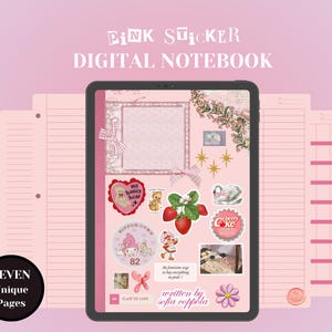 May include: A digital notebook with seven unique pages featuring pink and white lined paper. The notebook has a pink sticker theme with illustrations of strawberries, bears, and a cherry cake. The text "Pink Sticker Digital Notebook" is at the top of the notebook.