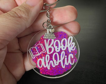 Bookaholic Keychain: Pink Holographic Acrylic Reader Gift