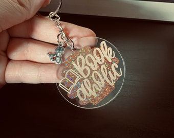 Bookaholic Keychain: Rose-Gold Holographic Vinyl, Book Charms
