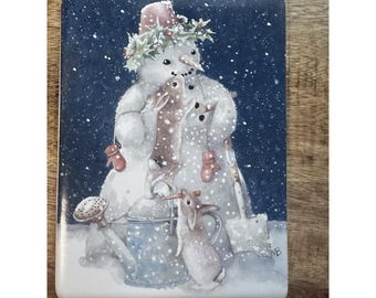 Marjolein Bastin Nature's Sketchbook Christmas Trivet Snowman w/ Bunny Rabbits