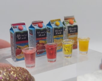 Dollhouse Miniatures 1:12 Scale Orange Juice Fruit Juice Cartons and Glass of Juice