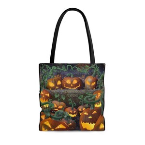 May include: A black tote bag with a Halloween theme featuring a group of grinning jack-o'-lantern pumpkins with glowing eyes and a dark background. The text "Grimkin's Pumpkins" is printed on the bag.