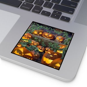 May include: A sticker featuring a group of glowing jack-o'-lantern pumpkins with spooky faces. The pumpkins are surrounded by green vines and leaves. The text "CRIUMPRIN'S PUMPKINS" is visible on the sticker.