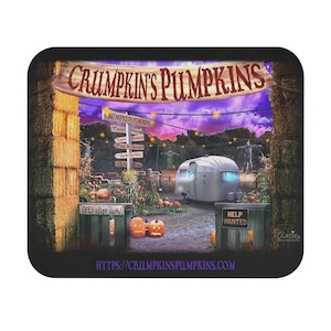 May include: A digital illustration of a Halloween-themed pumpkin patch with a sign that reads "Crumpkin's Pumpkins". The sign is above a vintage camper van with a blue glow. There are pumpkins, hay bales, and a sign that reads "Help Wanted". The text at the bottom of the image reads "https://crumpkinspumpkins.com".