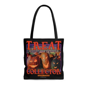 May include: Black tote bag with a Halloween theme. The bag features the text "TREAT COLLECTOR" in orange and purple. The image shows a group of jack-o'-lanterns with glowing faces. The text "CHILDRENS PUMPKINS" is at the bottom of the bag.