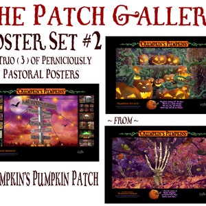 Pode incluir: Um conjunto de três cartazes temáticos de Halloween que representam um pomar de abóboras com uma placa que diz "Crumpkin's Pumpkins", um grupo de abóboras esculpidas e uma mão esquelética que emerge de uma pilha de folhas.