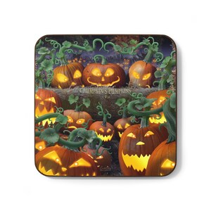 May include: A close-up of a group of carved pumpkins with glowing faces. The pumpkins are arranged in a pile and are surrounded by green vines. The text "Grumpkin's Pumpkins" is visible on a sign in the background.