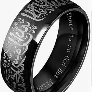 Men's stainless steel muslim islamic ring with shahada in arabic & english