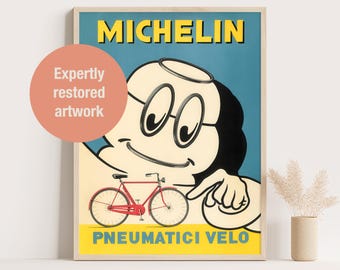 Michelin Poster, Vintage Bicycle Ad, 1950s Print, Bibendum, The Michelin Man, Cycling Wall Art