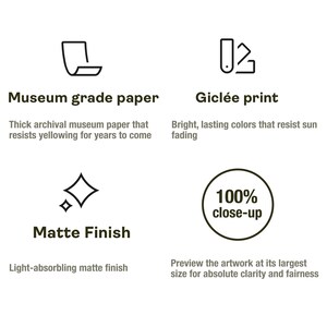 K&ouml;nnte beinhalten: Ein Bild mit Text, der die Eigenschaften eines Kunstdrucks beschreibt. Der Text enth&auml;lt "Museumsqualit&auml;tspapier", "Gicl&eacute;e-Druck", "Mattes Finish" und "100% Nahaufnahme". Der Text beschreibt das Papier, den Druck, die Oberfl&auml;che und die Klarheit des Kunstwerks.