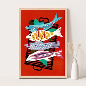 Póster de pez abstracto para Orient Line / Póster publicitario suizo vintage / Decoración de cocina vintage / Impresión de 24 x 36 pulgadas.