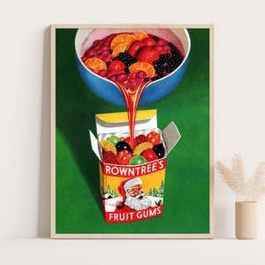 Cartel publicitario vintage de gominolas de frutas de Rowntree, decoración de cocina vintage, arte de pared extragrande, impresión de hasta 18 x 24 pulgadas.