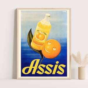 Cartel publicitario vintage de zumo de naranja Assis, decoración de cocina vintage, arte de pared grande, impresión de hasta 18 x 24.