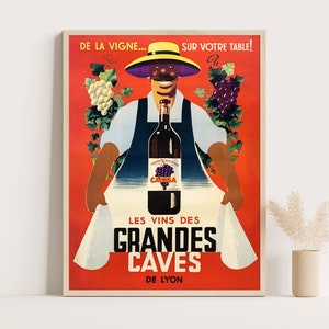 Les Vins des Grandes Caves de Lyon, manifesto pubblicitario d'epoca del vino francese, arte murale d'epoca per la cucina, grande arte murale, stampa fino a 36x48.