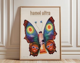 Custom Hamol Ultra Butterfly Poster Print, Vintage Sunscreen Ad Wall Art, Colorful Retro Advertising