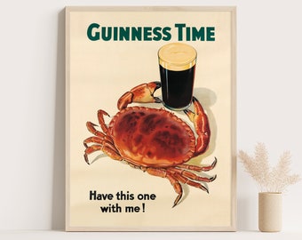 Cartel vintage de Guinness Crab: Publicidad irlandesa de los años 50, arte costero.