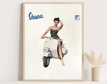May include: A vintage advertisement featuring a woman in a green swimsuit riding a white Vespa scooter. The ad features the Vespa logo and the text "Vespa" in blue.