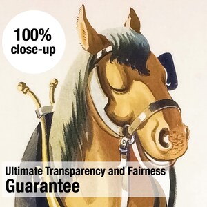 K&ouml;nnte beinhalten: Nahaufnahme einer Vintage-Illustration eines Pferdekopfes, mit detaillierten Schattierungen in Braun-, Beige- und Cremet&ouml;nen. Das Pferd tr&auml;gt einen Zaum und ein Geschirr. Der Text "100% close-up" und "Ultimate Transparency and Fairness Guarantee" sind ebenfalls sichtbar.