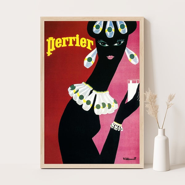 Perrier Vintage Advertising Poster by Villemot | Minimalist Wall Art | Vintage Bedroom Decor | Extra Large Wall Art | Up to 24x36 print.