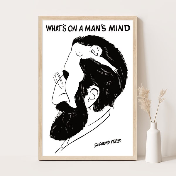 Sigmund Freud Poster | What's On A Man's Mind Caricature Poster | Vintage Bedroom Wall Art | 12x18 Inches Print.