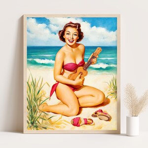 Pin Up Girls Vintage Poster from 1950s | Pinup Girl in the Beach | Coquette Room Decor | Sexy Retro Wall Art & Bathroom Decor