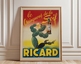 Ricard Cactus Vintage Poster, French Aperitif Advertising Art, Mid-Century Wall Decor