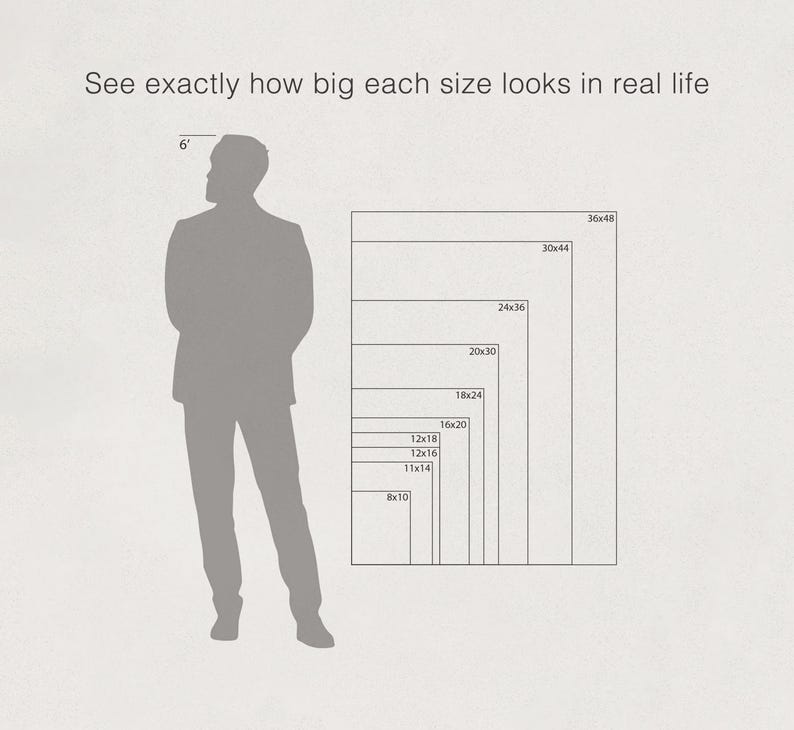 K&ouml;nnte beinhalten: Ein Diagramm, das die Gr&ouml;&szlig;en verschiedener rechteckiger Formen von 20x25 cm bis 91x122 cm zeigt, mit einer Person (ca. 1,8 m) als Ma&szlig;stab. Text: "Sehen Sie genau, wie gro&szlig; jede Gr&ouml;&szlig;e in der Realit&auml;t aussieht."